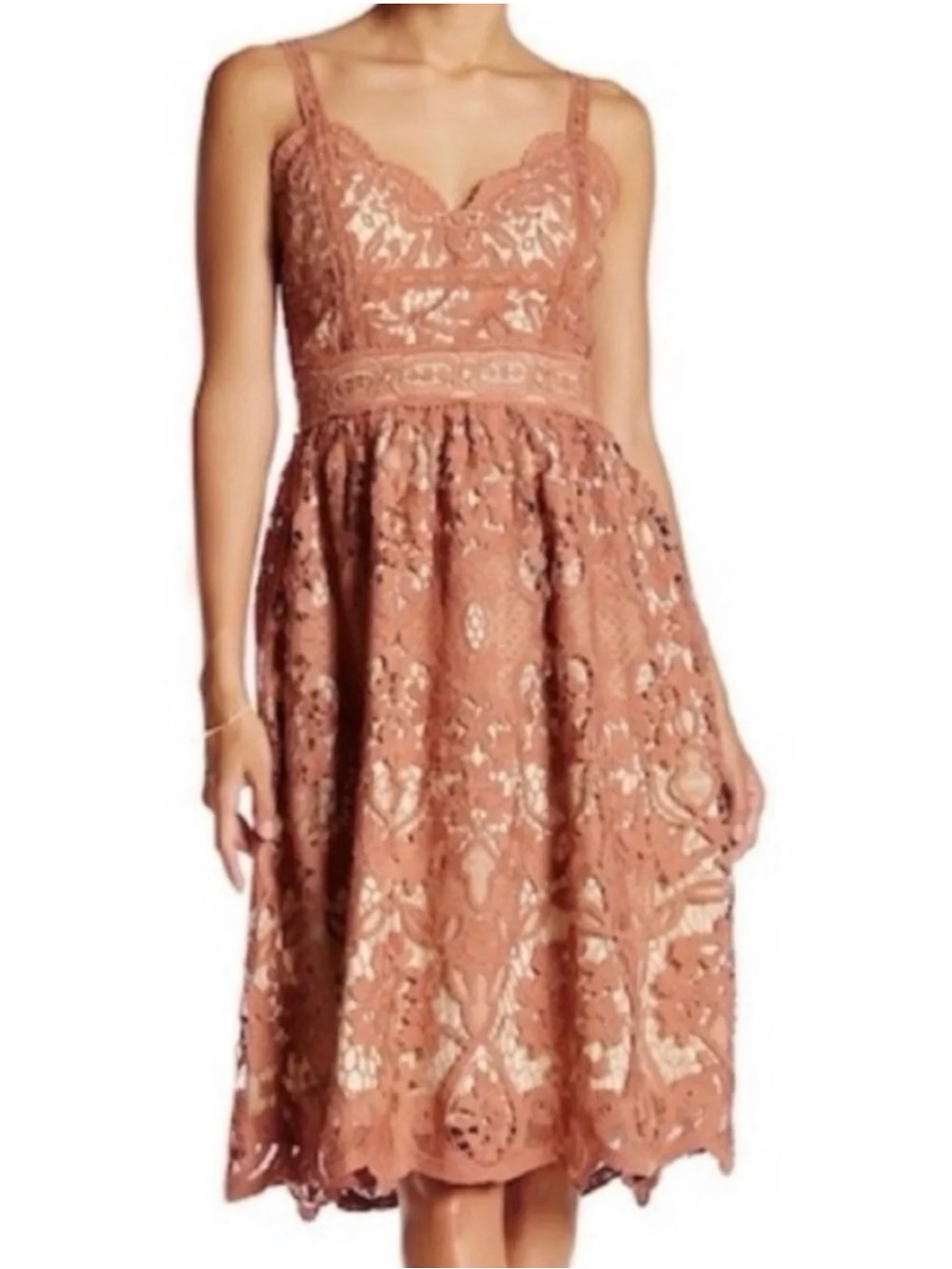 Scallop-Edge Lace Midi Dress in Blush Tan